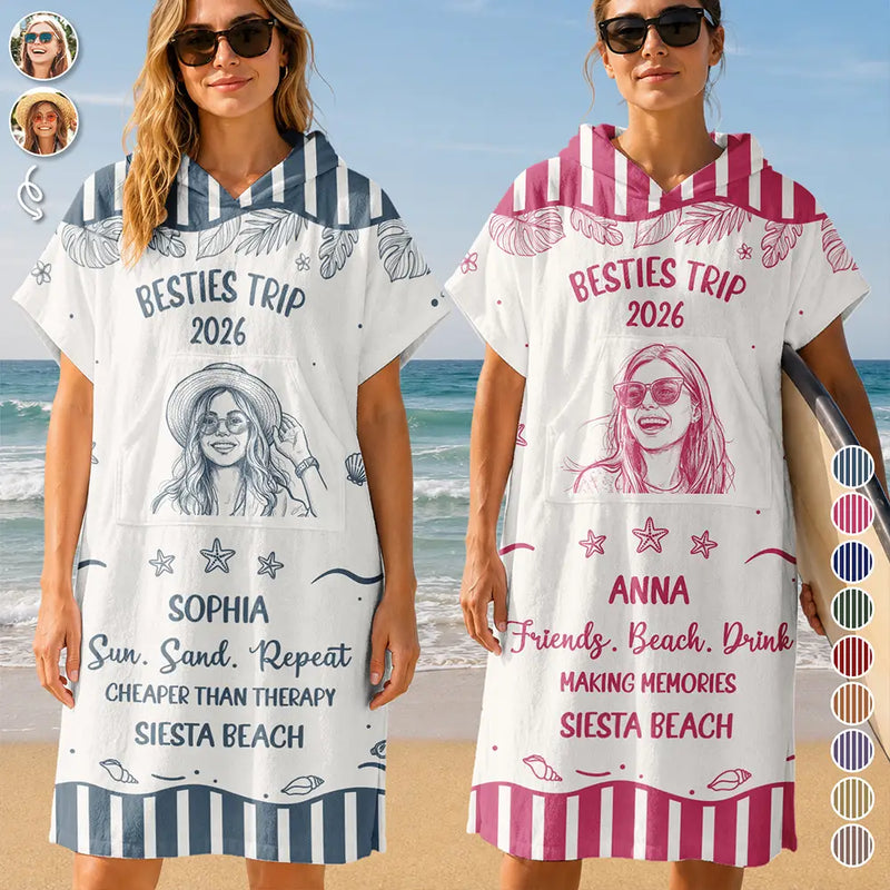Custom Photo, Beach, Art Design, Summer, Gift For Bestie, Humorous, Photo - Pencil Sketch - Bold - Custom Photo Cheaper Than Therapy Besties Trip Pencil Sketch - Personalized Hooded Poncho Towel
