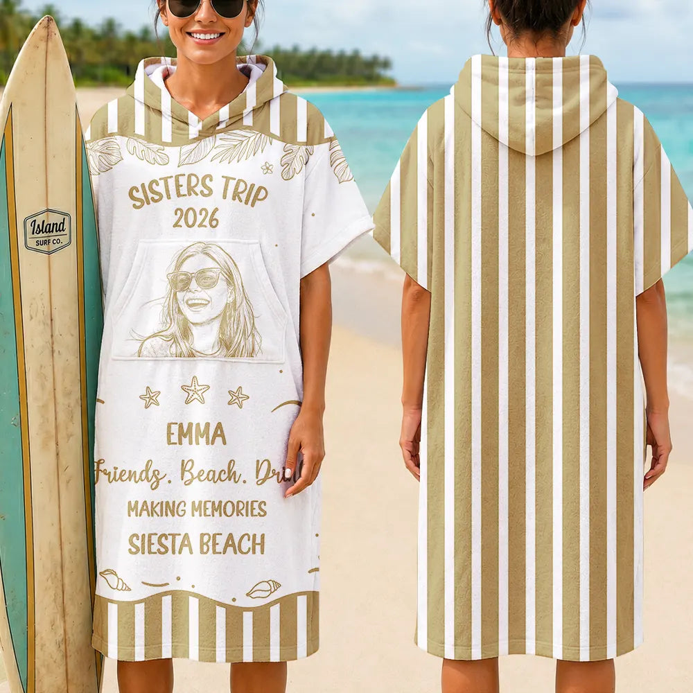 Custom Photo, Beach, Art Design, Summer, Gift For Bestie, Humorous, Photo - Pencil Sketch - Bold - Custom Photo Cheaper Than Therapy Besties Trip Pencil Sketch - Personalized Hooded Poncho Towel