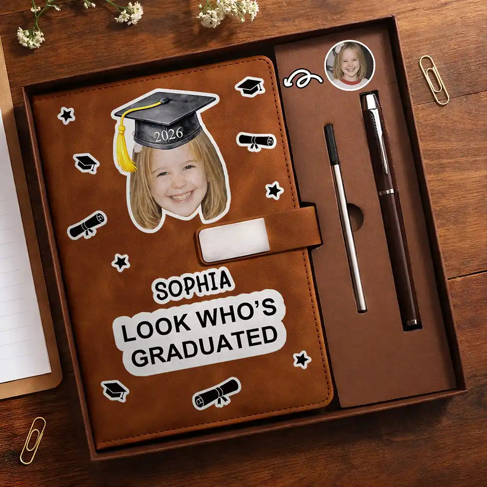 Happy,Graduation,Gift For Yourself,Gift For Men,Gift For Women,Gift For Daughter,Gift For Son,Gift For Sibling,Gift For Sisters,Gift For Brothers,Gift For Bestie - Custom Photo Childhood Look Who's Graduated - Personalized Leather Notebook Set