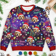 Christmas,Custom Photo,Pet Lovers,Dog Lovers,Cat Lovers,Happy - Custom Photo Christmas Dog Cat Neon Light Style - Personalized Unisex Ugly Sweater