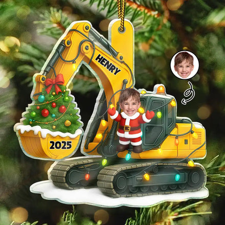 Custom Photo Christmas Excavator Construction - Personalized Custom Shaped Acrylic Ornament
