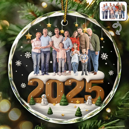 Custom Photo Christmas Family Besties Couple - Personalized Circle Glass Ornament