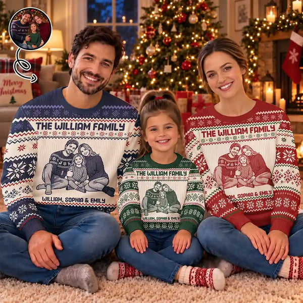 Art Design,Christmas,Family,Photo -  Knit-Style Line Art,Happy - Custom Photo Christmas Family Matching Sweater - Personalized Unisex Ugly Sweater