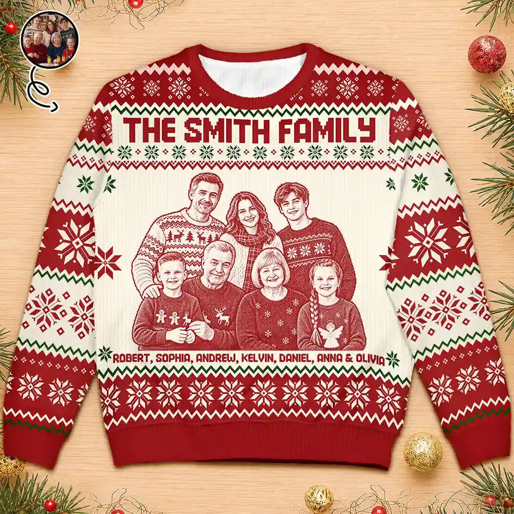 Art Design,Christmas,Family,Photo -  Knit-Style Line Art,Happy - Custom Photo Christmas Family Matching Sweater - Personalized Unisex Ugly Sweater
