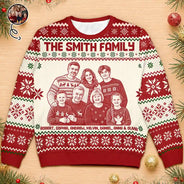Art Design,Christmas,Family,Photo -  Knit-Style Line Art,Happy - Custom Photo Christmas Family Matching Sweater - Personalized Unisex Ugly Sweater