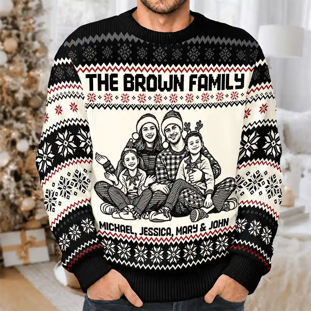 Art Design,Christmas,Family,Photo -  Knit-Style Line Art,Happy - Custom Photo Christmas Family Matching Sweater - Personalized Unisex Ugly Sweater