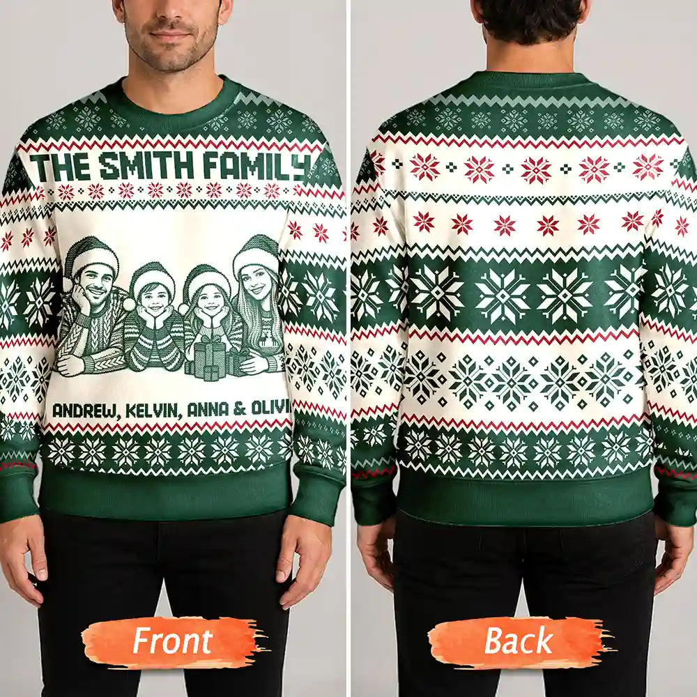 Art Design,Christmas,Family,Photo -  Knit-Style Line Art,Happy - Custom Photo Christmas Family Matching Sweater - Personalized Unisex Ugly Sweater