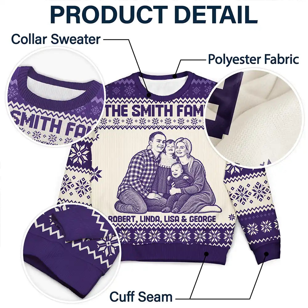 Art Design,Christmas,Family,Photo -  Knit-Style Line Art,Happy - Custom Photo Christmas Family Matching Sweater - Personalized Unisex Ugly Sweater
