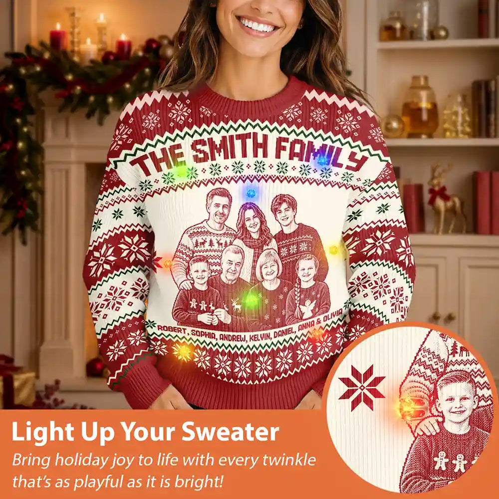 Art Design,Christmas,Family,Photo -  Knit-Style Line Art,Happy - Custom Photo Christmas Family Matching Sweater - Personalized Unisex Ugly Sweater