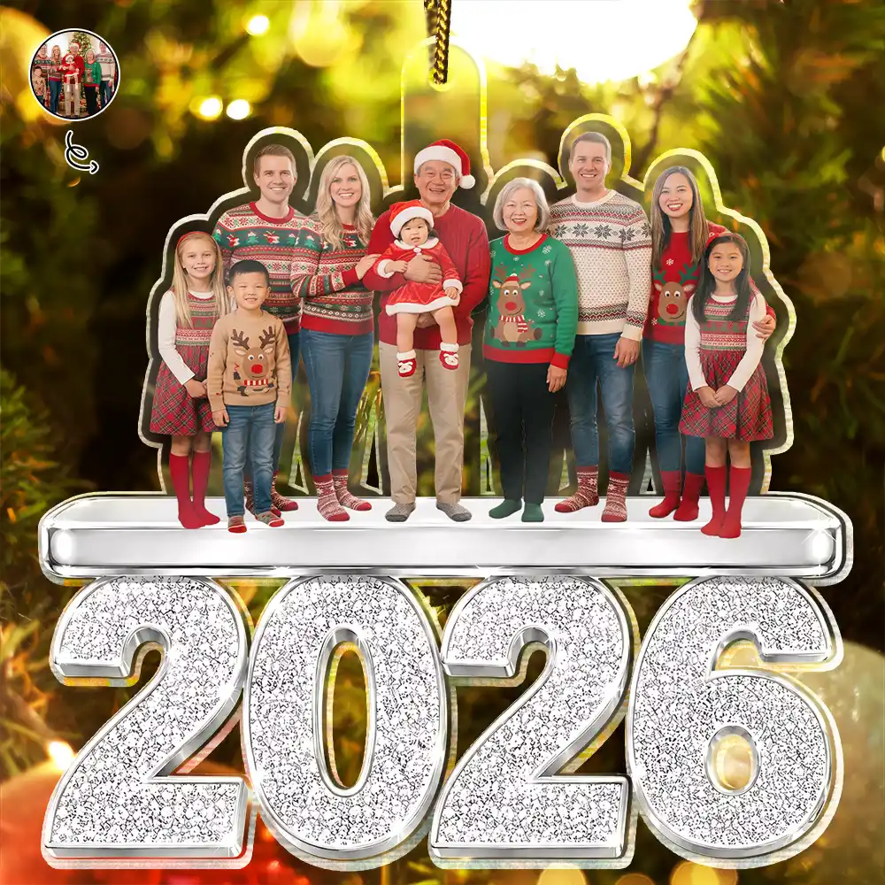 Christmas,Custom Photo,Cozy,Family,Remove BG Photo - Custom Photo Christmas Family Siblings Friends Glitter Effect - Personalized Custom Shaped Acrylic Ornament