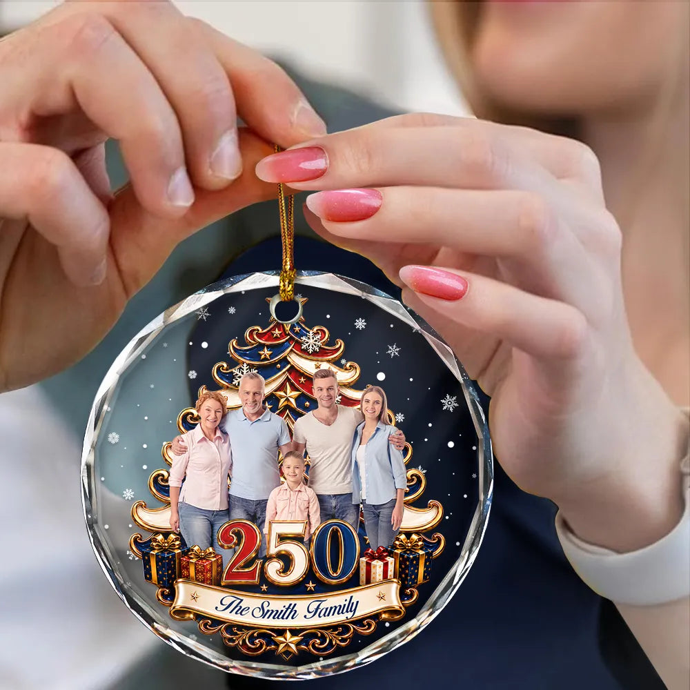Independence Day,America 250th,Christmas,Proud,Custom Photo,Family,Remove BG Photo - Custom Photo Christmas Tree 250 Years Of Freedom - Personalized Circle Glass Ornament