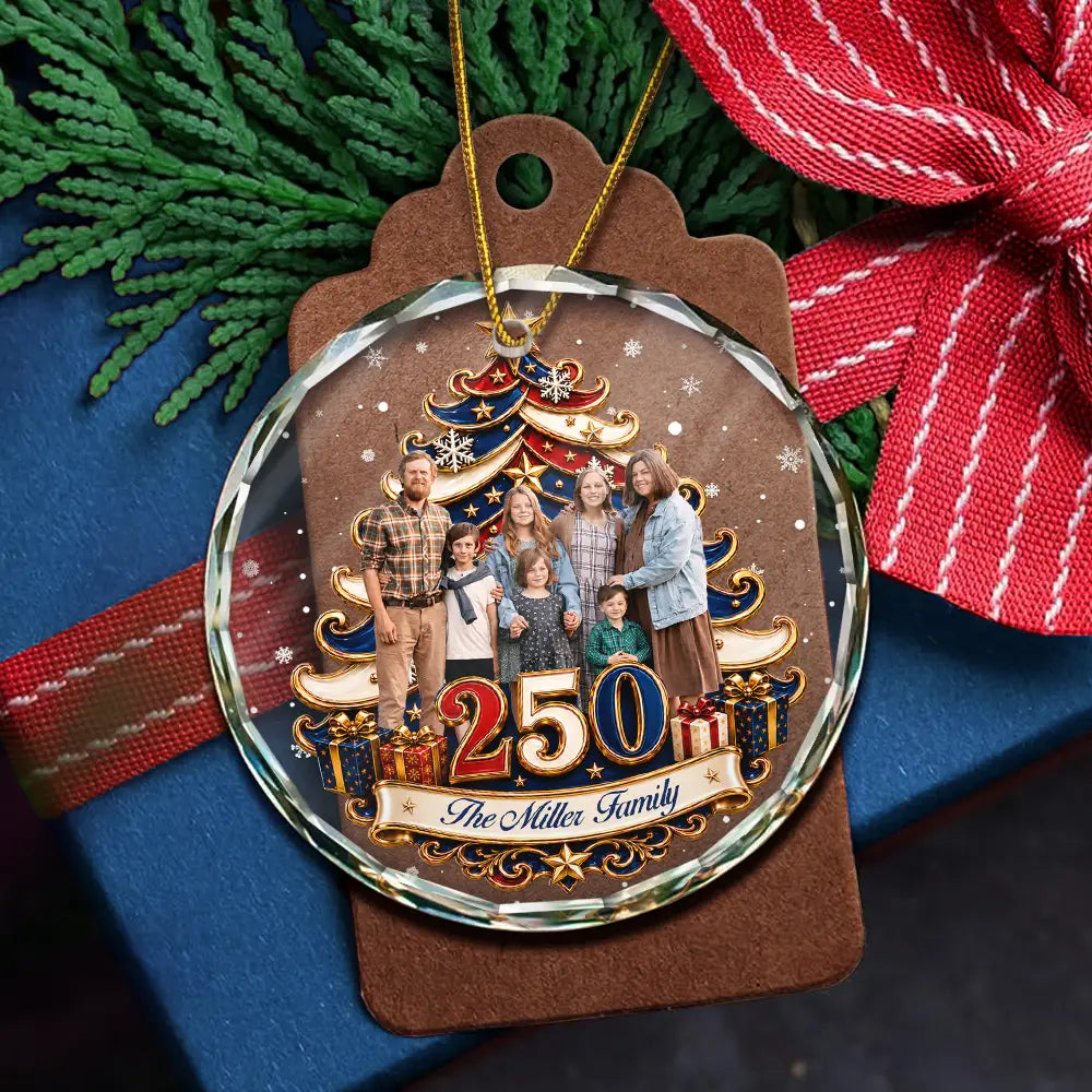 Independence Day,America 250th,Christmas,Proud,Custom Photo,Family,Remove BG Photo - Custom Photo Christmas Tree 250 Years Of Freedom - Personalized Circle Glass Ornament