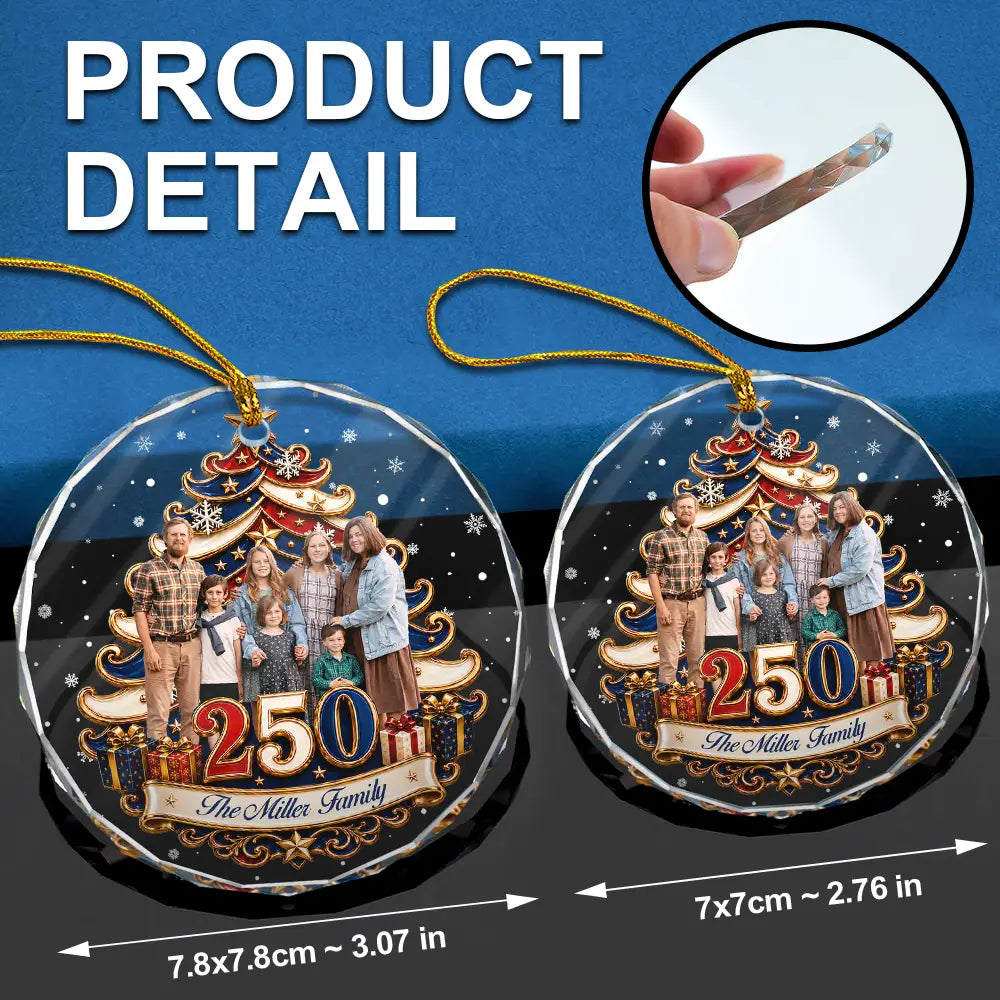 Independence Day,America 250th,Christmas,Proud,Custom Photo,Family,Remove BG Photo - Custom Photo Christmas Tree 250 Years Of Freedom - Personalized Circle Glass Ornament