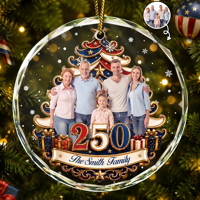 Independence Day,America 250th,Christmas,Proud,Custom Photo,Family,Remove BG Photo - Custom Photo Christmas Tree 250 Years Of Freedom - Personalized Circle Glass Ornament