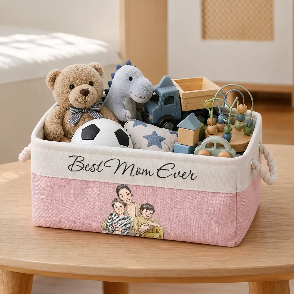 Custom Photo, Art Design, Family, Adorable, Photo - Colored Pencil  - Custom Photo Colored Pencil Sketch Happy Family Dad Mom Kid Pet - Personalized Storage Basket