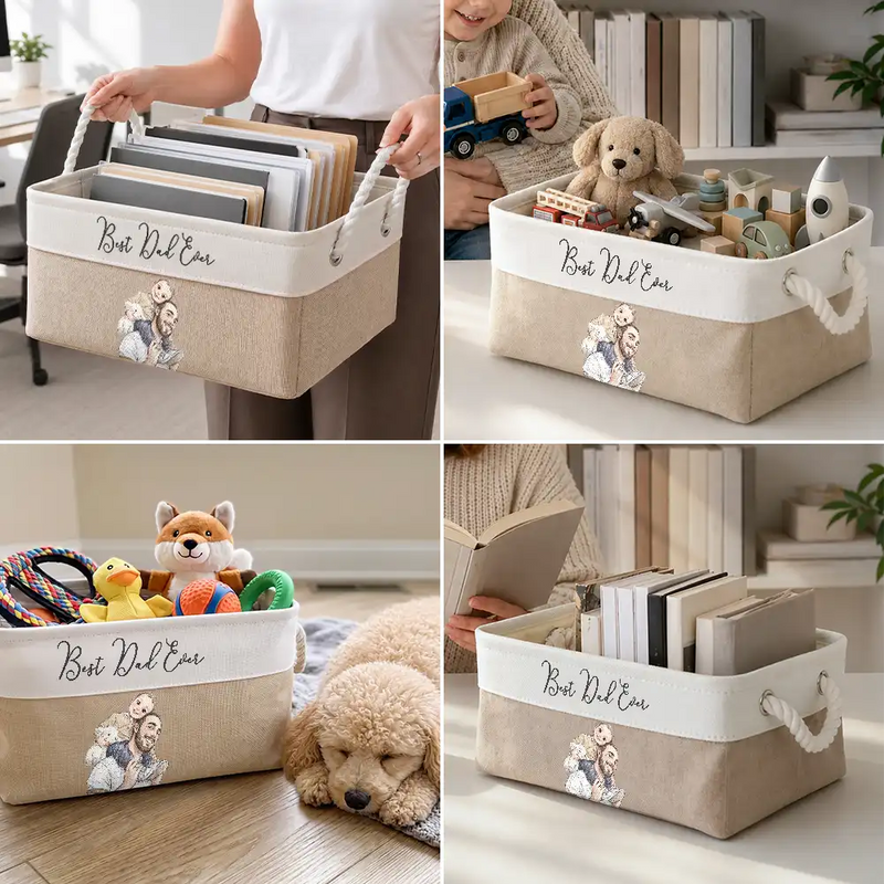 Custom Photo, Art Design, Family, Adorable, Photo - Colored Pencil  - Custom Photo Colored Pencil Sketch Happy Family Dad Mom Kid Pet - Personalized Storage Basket