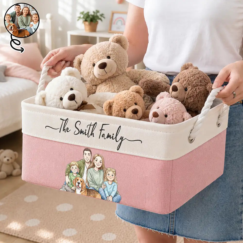 Custom Photo Colored Pencil Sketch Happy Family Dad Mom Kid Pet - Personalized Storage Basket