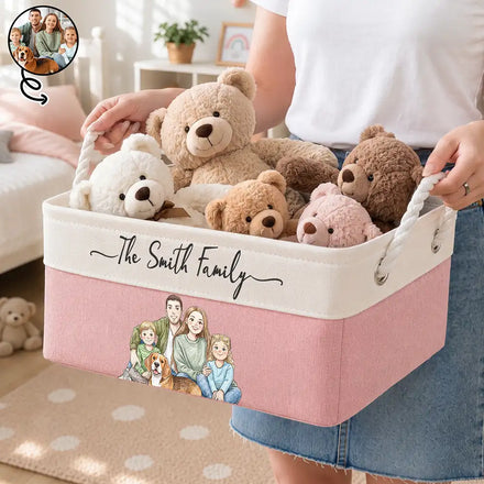 Custom Photo Colored Pencil Sketch Happy Family Dad Mom Kid Pet - Personalized Storage Basket