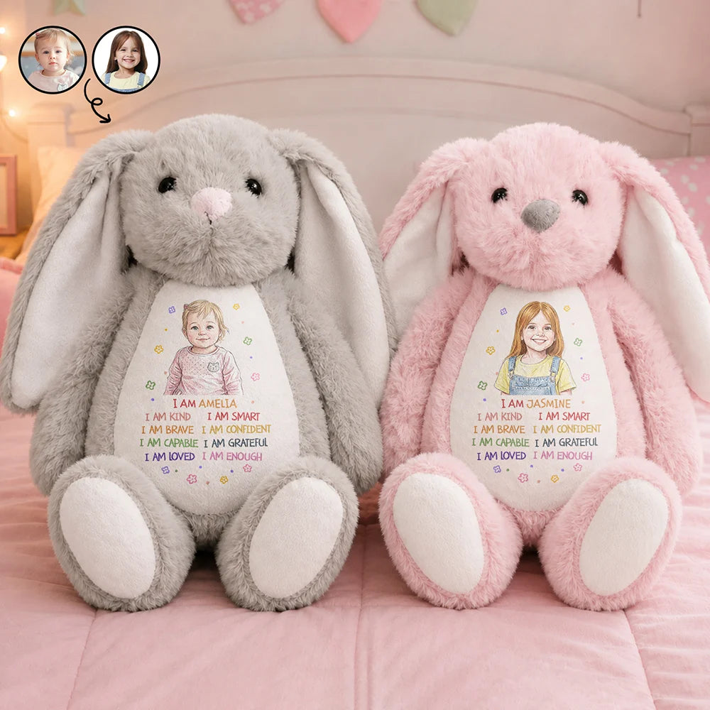 Adorable,Art Design,Back To School,Gift For Kids,Photo - Colored Pencil - Custom Photo Colored Pencil Sketch Kids Affirmation I Am Kind Brave & Smart - Personalized Soft Toy Bunny