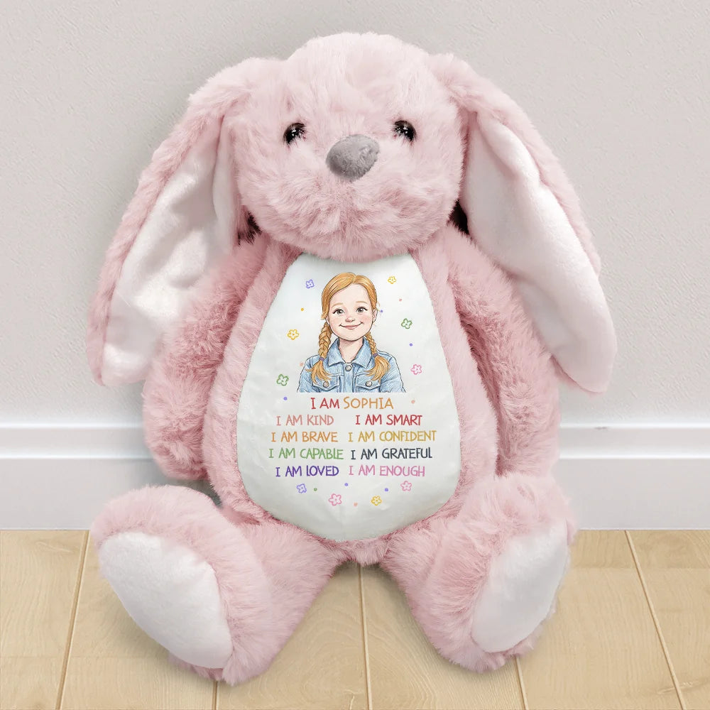 Adorable,Art Design,Back To School,Gift For Kids,Photo - Colored Pencil - Custom Photo Colored Pencil Sketch Kids Affirmation I Am Kind Brave & Smart - Personalized Soft Toy Bunny