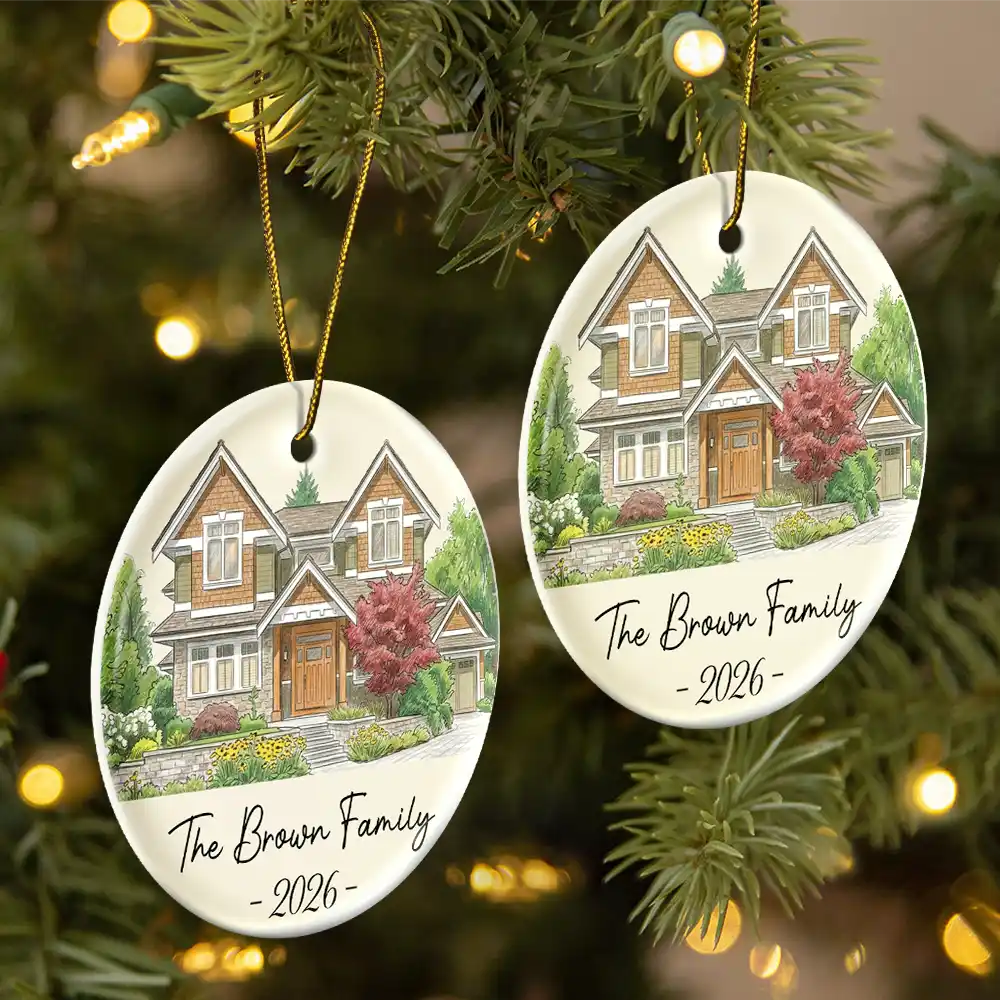 First Christmas,Art Design,Christmas,Married Couple,Gift For Couples,Photo - Colored Pencil ,Happy - Custom Photo Colored Pencil Sketch Our First Home Family Parents - Personalized Circle Ceramic Ornament