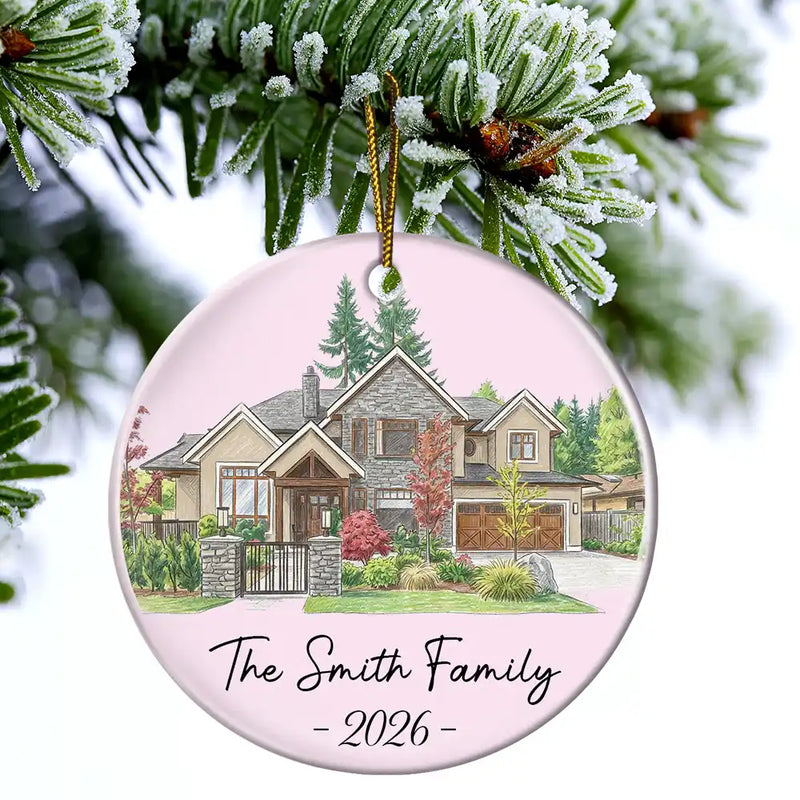 First Christmas,Art Design,Christmas,Married Couple,Gift For Couples,Photo - Colored Pencil ,Happy - Custom Photo Colored Pencil Sketch Our First Home Family Parents - Personalized Circle Ceramic Ornament
