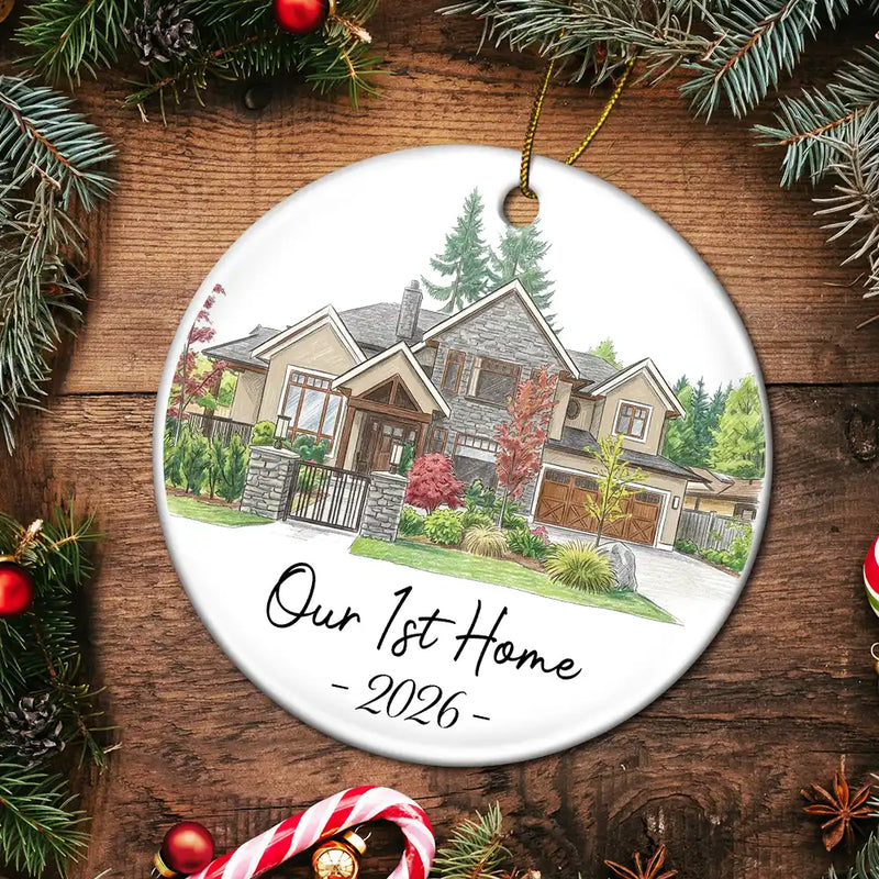 First Christmas,Art Design,Christmas,Married Couple,Gift For Couples,Photo - Colored Pencil ,Happy - Custom Photo Colored Pencil Sketch Our First Home Family Parents - Personalized Circle Ceramic Ornament