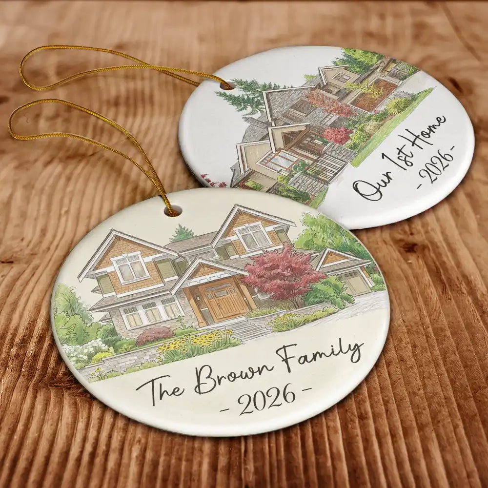 First Christmas,Art Design,Christmas,Married Couple,Gift For Couples,Photo - Colored Pencil ,Happy - Custom Photo Colored Pencil Sketch Our First Home Family Parents - Personalized Circle Ceramic Ornament