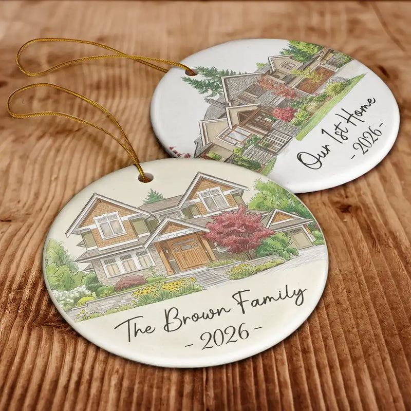 First Christmas,Art Design,Christmas,Married Couple,Gift For Couples,Photo - Colored Pencil ,Happy - Custom Photo Colored Pencil Sketch Our First Home Family Parents - Personalized Circle Ceramic Ornament