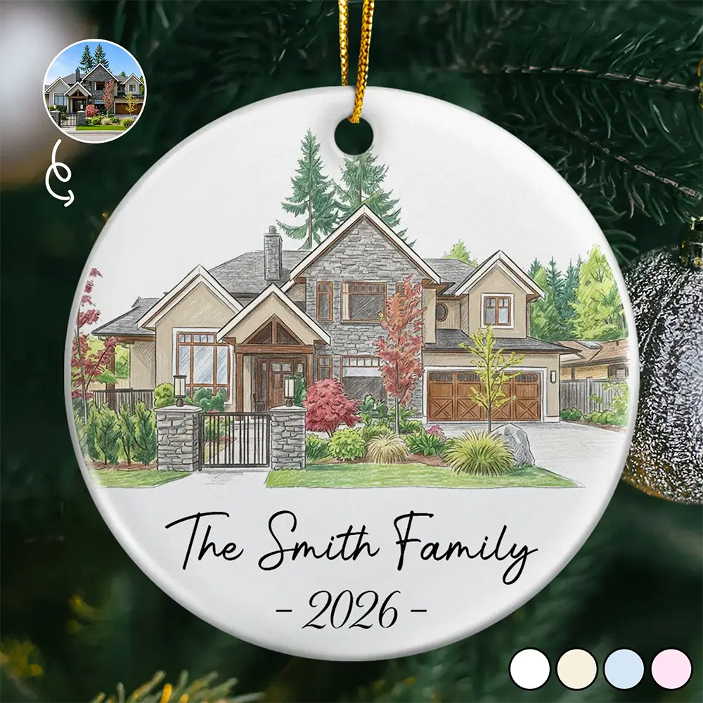 Custom Photo Colored Pencil Sketch Our First Home Family Parents - Personalized Circle Ceramic Ornament
