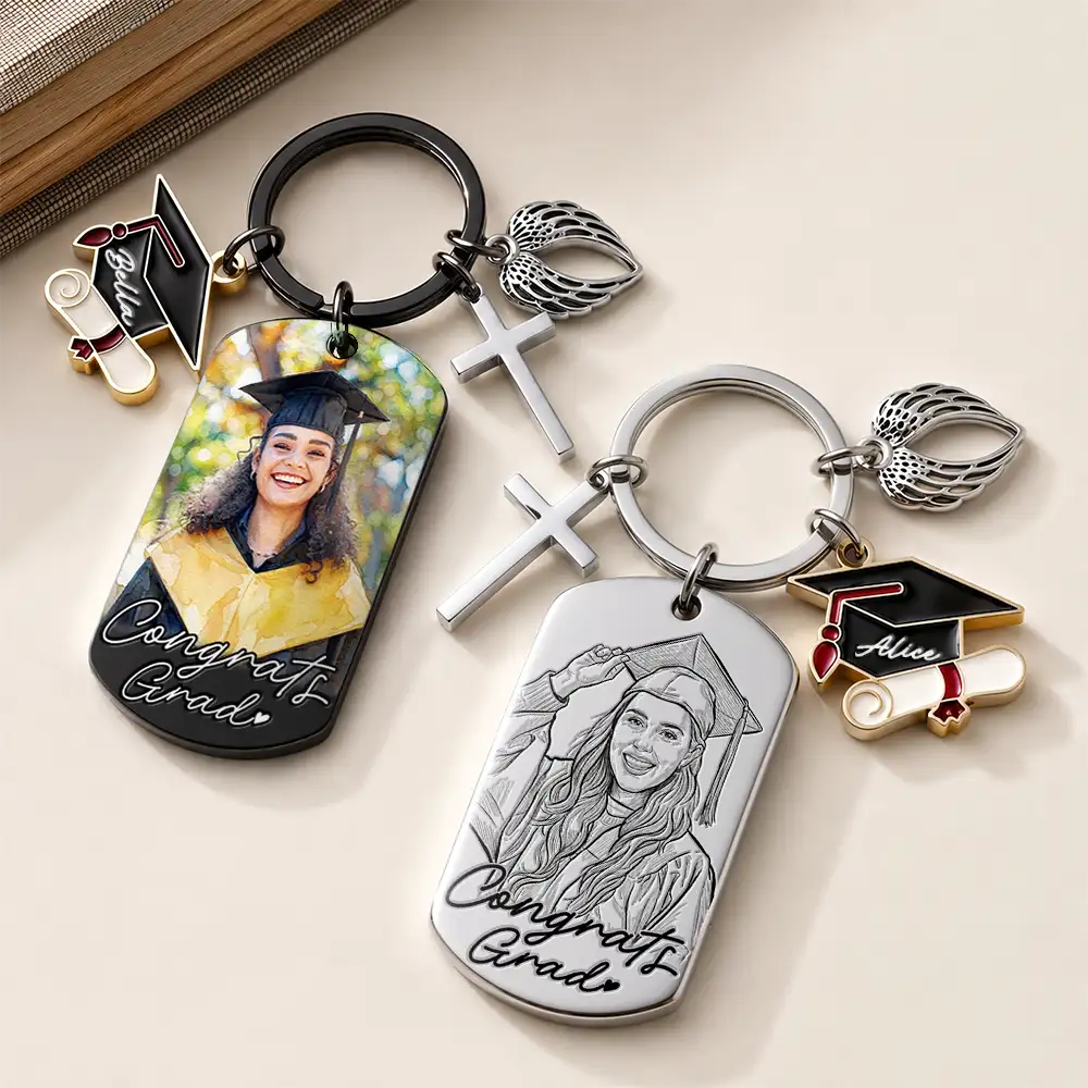 Graduation,Gift For Women,Gift For Men,Gift For Yourself,Non-Eng,Photo,Proud - Custom Photo Congrats Grad - Personalized Stainless Steel Keychain