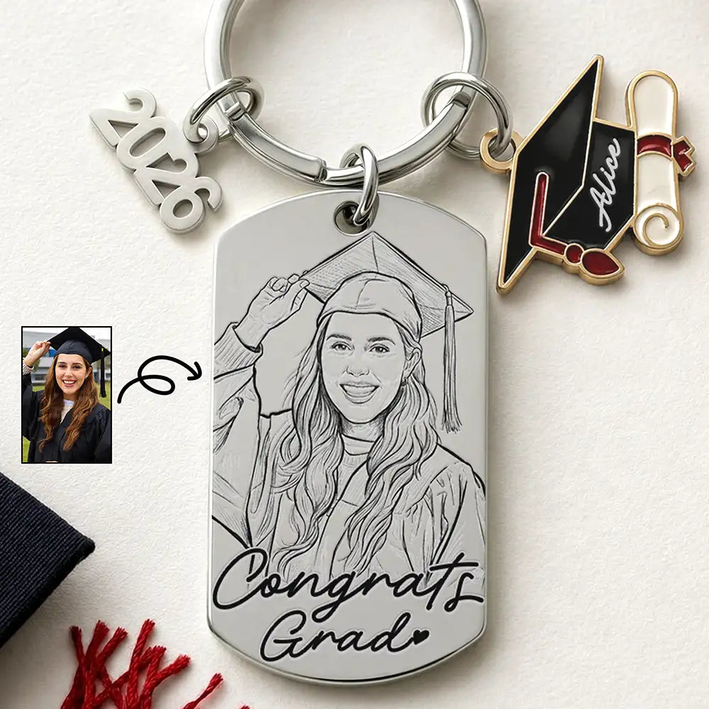 Graduation,Gift For Women,Gift For Men,Gift For Yourself,Non-Eng,Photo,Proud - Custom Photo Congrats Grad - Personalized Stainless Steel Keychain