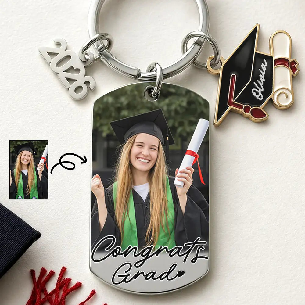 Graduation,Gift For Women,Gift For Men,Gift For Yourself,Non-Eng,Photo,Proud - Custom Photo Congrats Grad - Personalized Stainless Steel Keychain