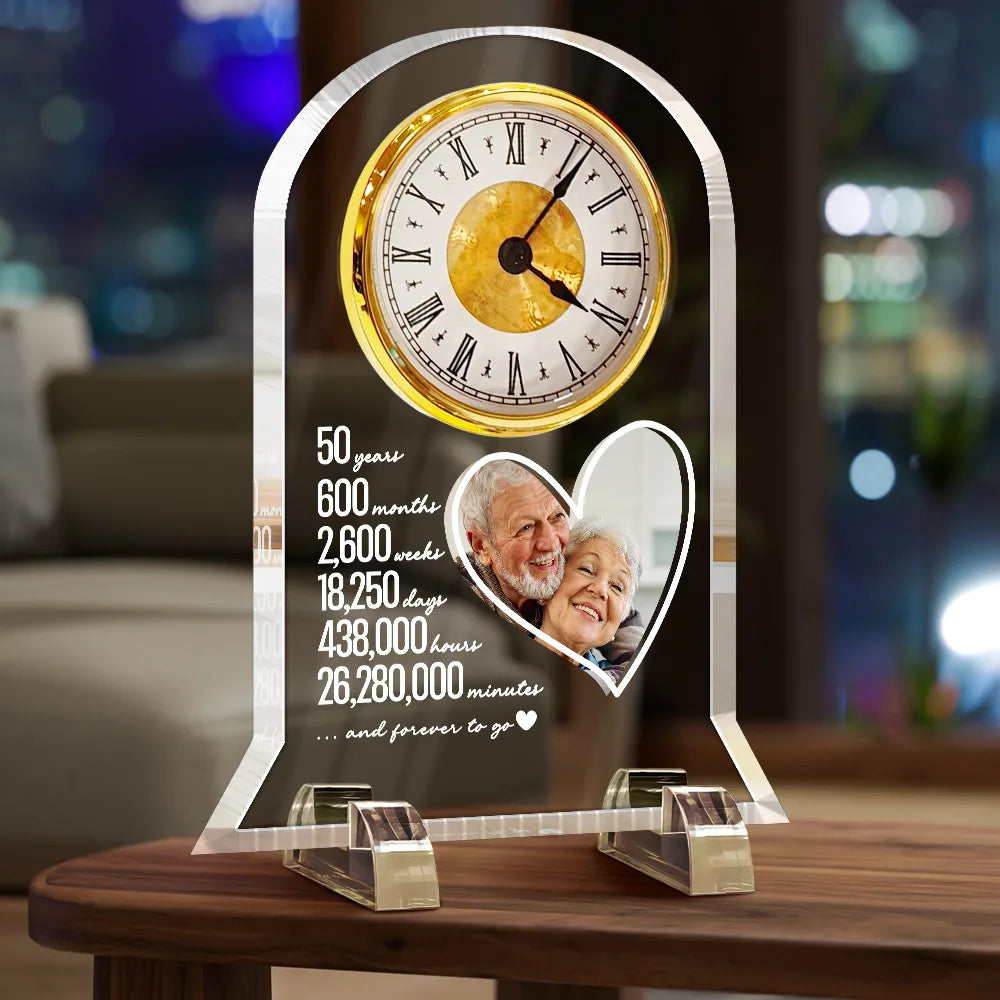 Gift For Couples, Old Couples, Custom Photo, Love - Custom Photo Couple Anniversary Counting Time Years Months Weeks - Personalized Acrylic Desk Clock
