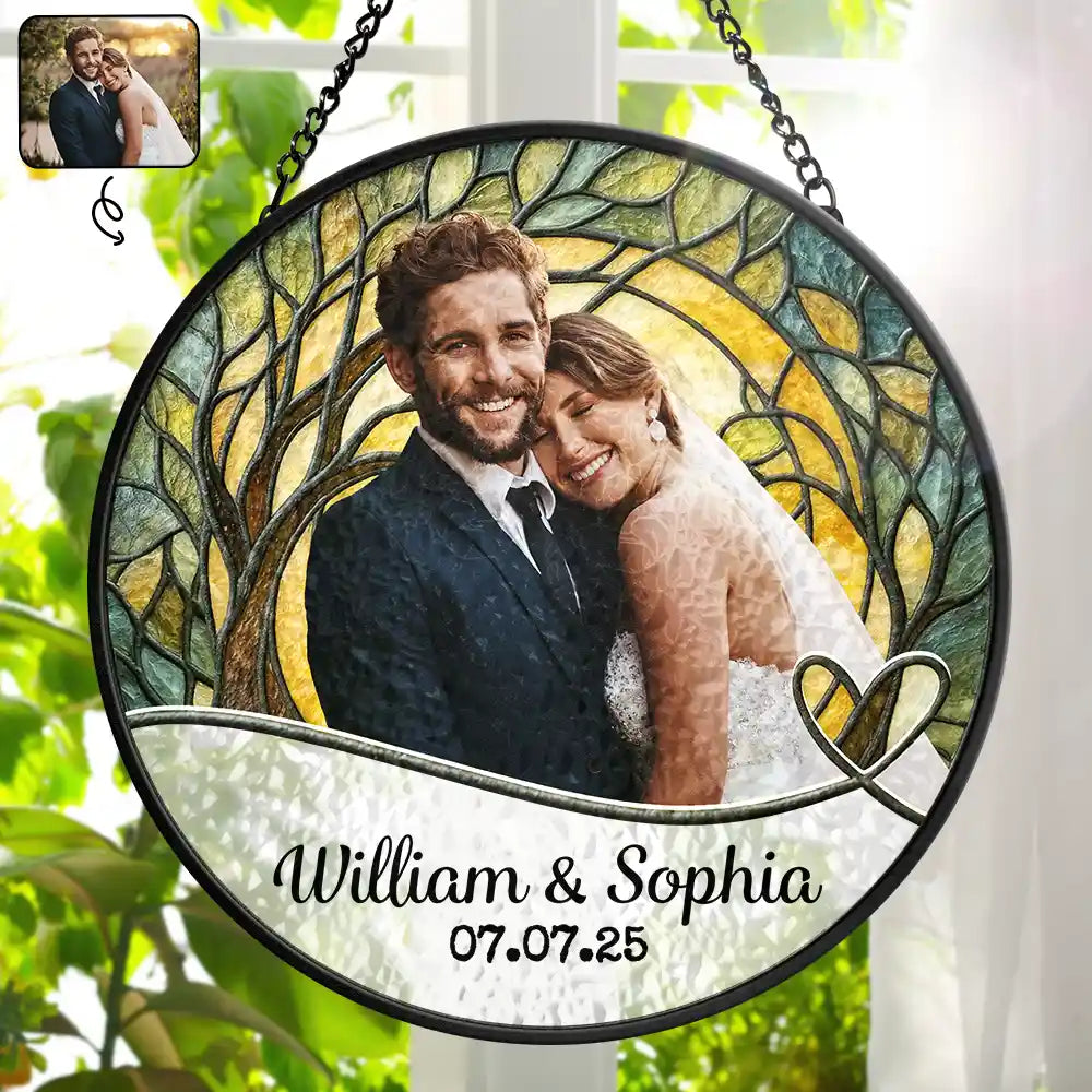 Gift For Couples, Married, Wedding, Engaged, Love - Custom Photo Couple Bride And Groom - Personalized Stained Glass Window Hanging Suncatcher