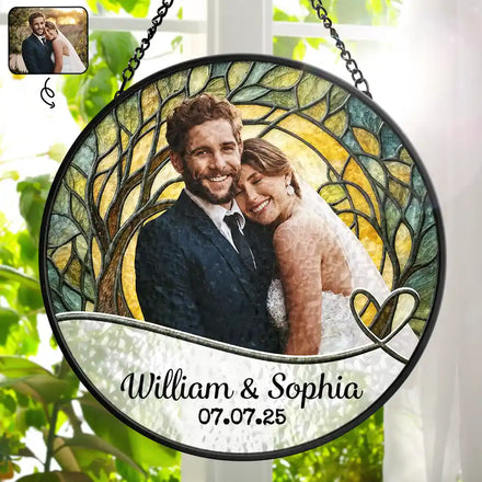 Custom Photo Couple Bride And Groom - Personalized Stained Glass Window Hanging Suncatcher