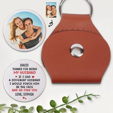 Custom Photo Couple Thanks For Being My Husband - Personalized Leather Pocket Hug