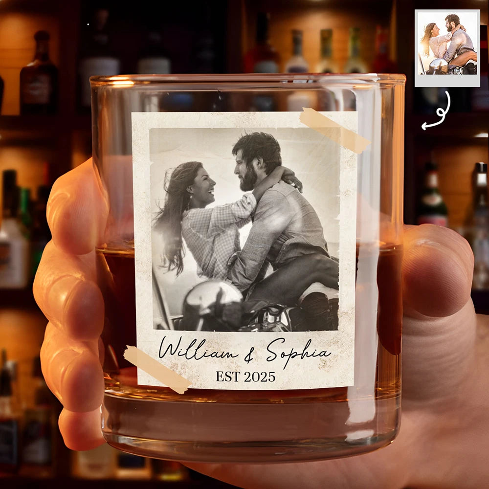 Gift For Couples,Old Couples,Gift For Husband,Gift For Wife,Gift For Boyfriend,Gift For Girlfriend,LGBT,Love - Custom Photo Couple Vintage Polaroid - Personalized Whiskey Glass