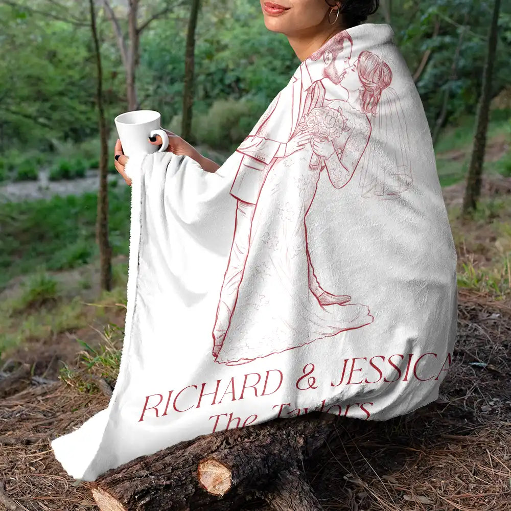 Gift For Couples, Married Couple, Custom Photo, Art Design, Wedding, Romantic, Photo - Pencil Sketch - Remove BG - Custom Photo Couples Wedding Engaged Bachelor Party - Personalized Fleece Blanket, Sherpa Blanket