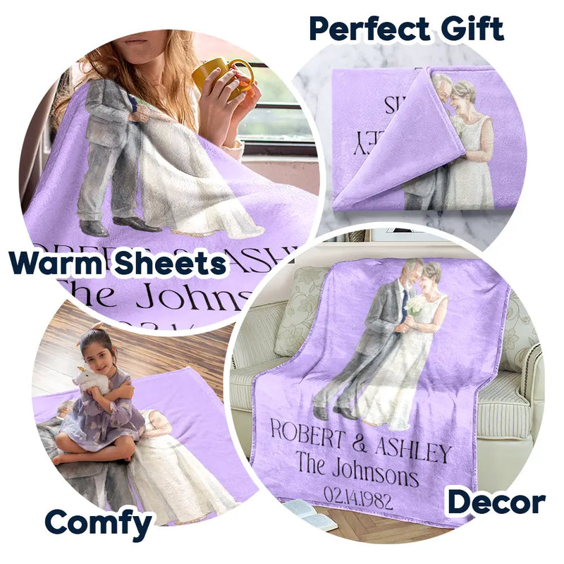 Gift For Couples, Married Couple, Custom Photo, Art Design, Wedding, Romantic, Photo - Pencil Sketch - Remove BG - Custom Photo Couples Wedding Engaged Bachelor Party - Personalized Fleece Blanket, Sherpa Blanket