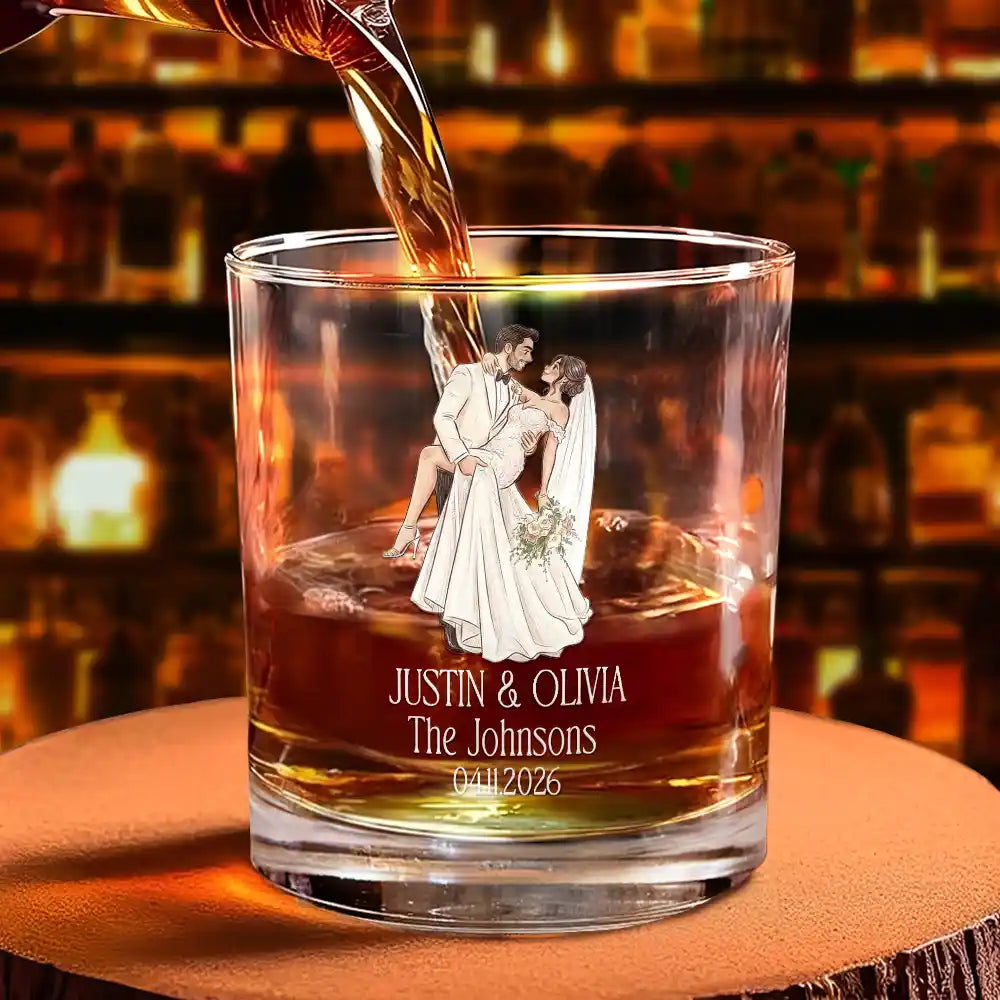Gift For Couples, Married Couple, Custom Photo, Art Design, Wedding, Romantic, Photo - Pencil Sketch - White BG - Custom Photo Couples Wedding Engaged Bachelor Party - Personalized Whiskey Glass