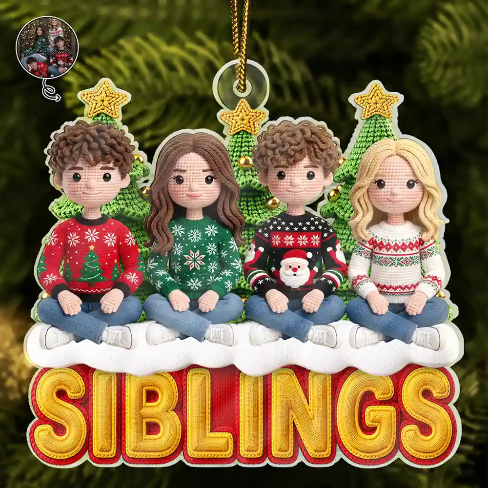 Custom Photo Crochet Doll Effect Christmas Siblings Brothers Sisters - Personalized Custom Shaped Acrylic Ornament