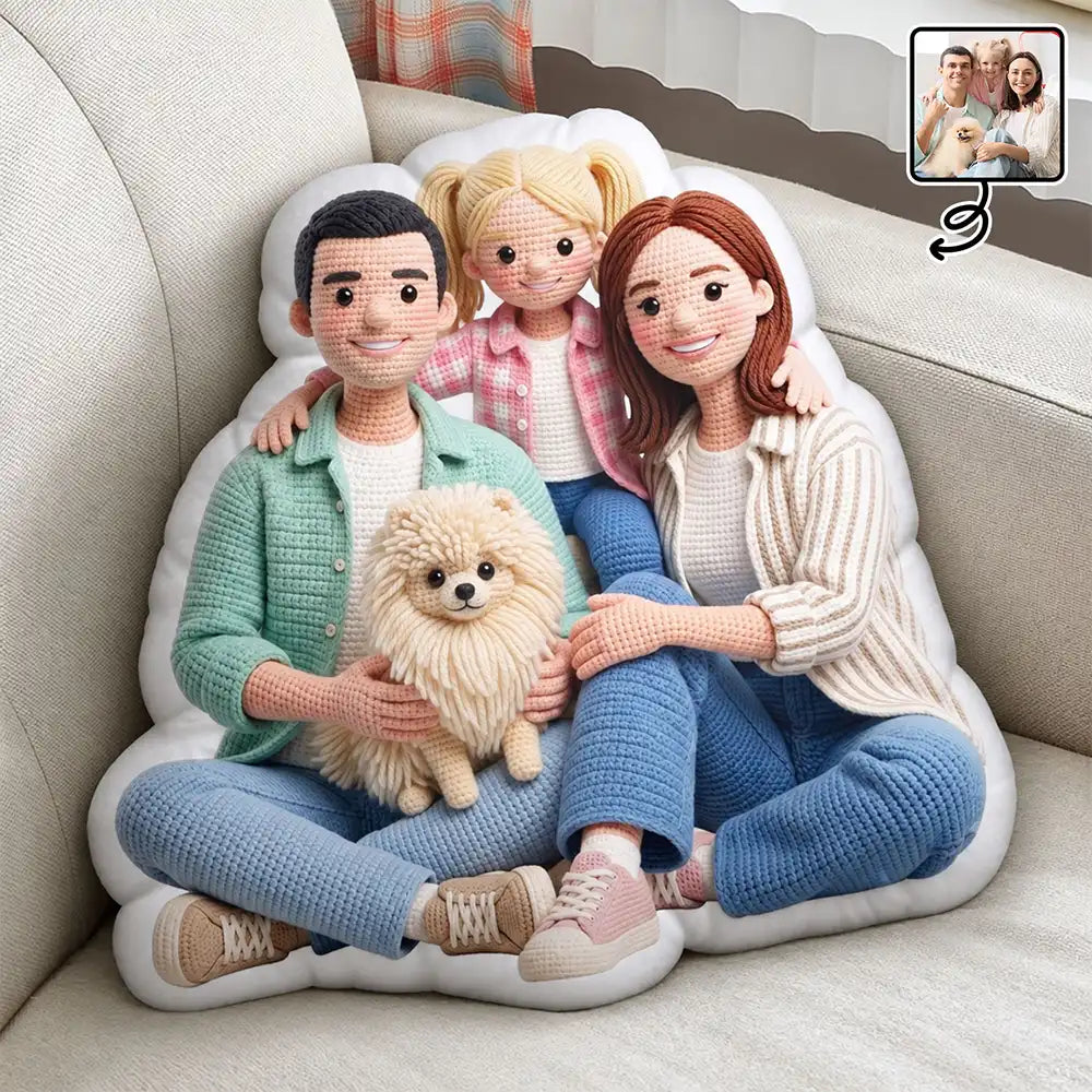 Adorable,Art Design,Christmas,Indoor Decor,Family,Photo - Crochet Doll Effect - Custom Photo Crochet Doll Effect Happy Family - Personalized Custom Shaped Pillow