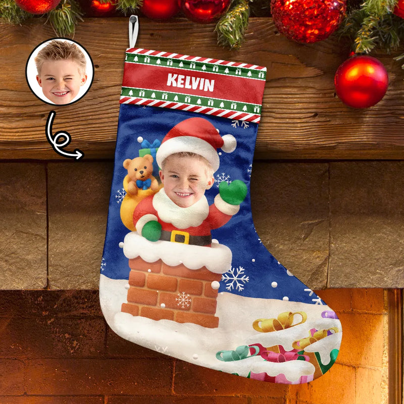 Christmas,Gift For Kids,Non-Eng - Custom Photo Cute Santa In Chimney - Personalized Christmas Stocking