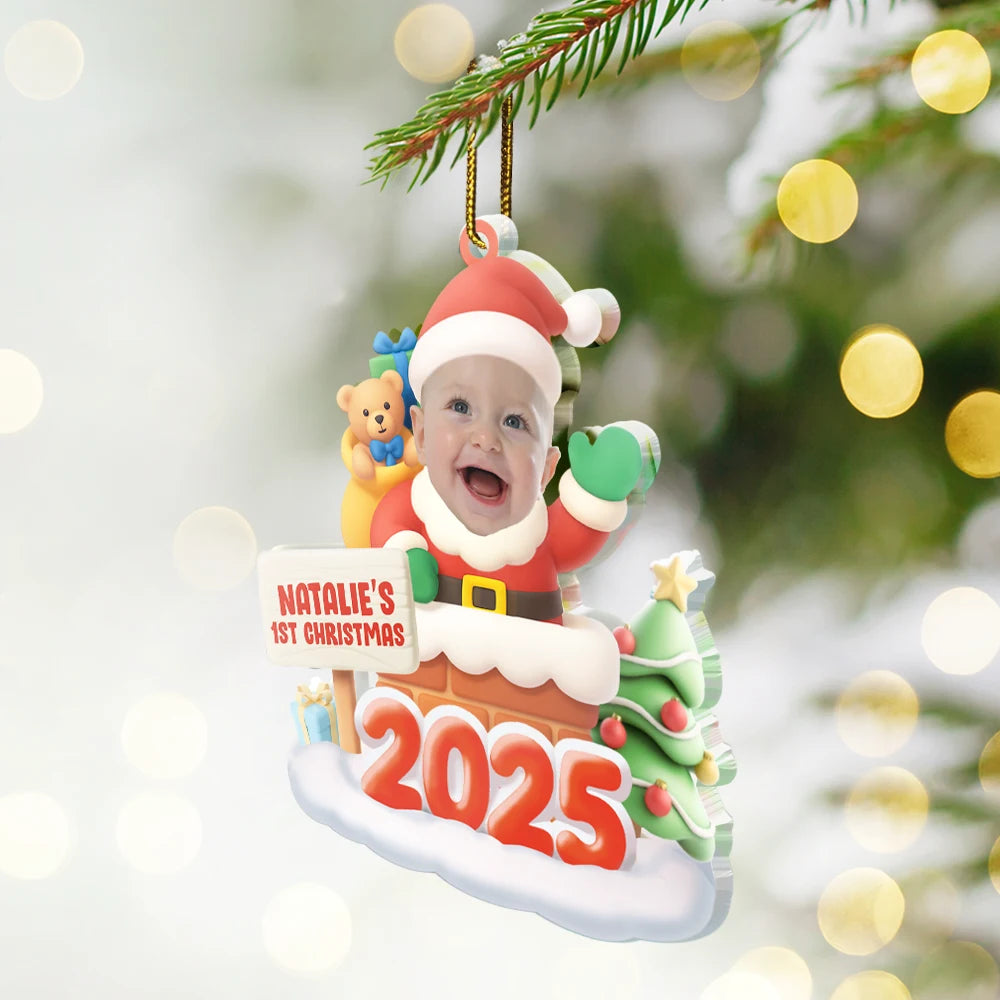 Christmas, Gift For Kids, Funny - Custom Photo Cute Baby Santa In The Chimney - Personalized Custom Shaped Acrylic Ornament