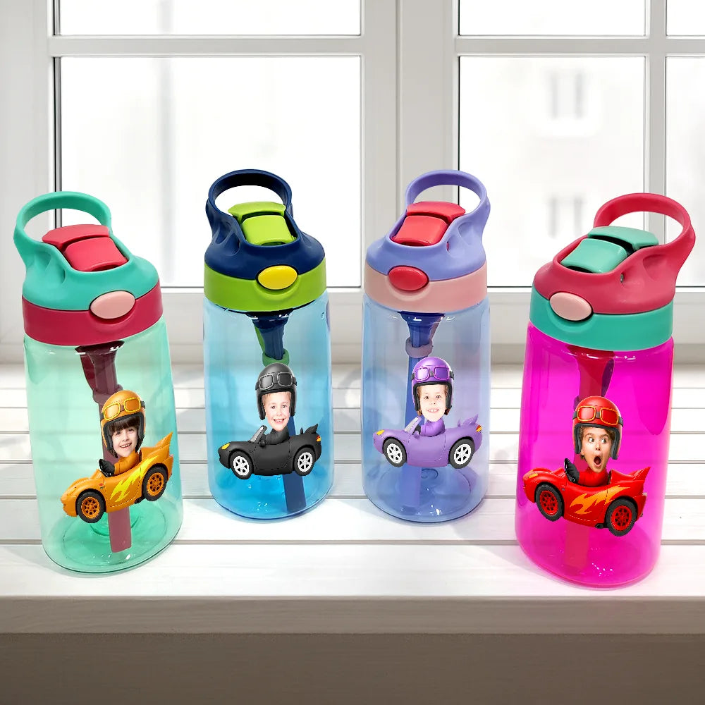 Gift For Kids, Happy, Funny, Custom Photo - Custom Photo Cute Kid Car Toy Airplane - Personalized Kids Water Bottle With Straw