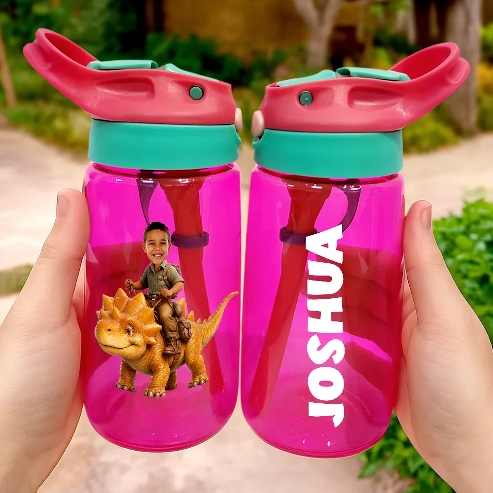 Gift For Kids,Happy,Funny,Custom Photo - Custom Photo Cute Kid Riding Dinosaur Flamingo Unicorn - Personalized Kids Water Bottle With Straw