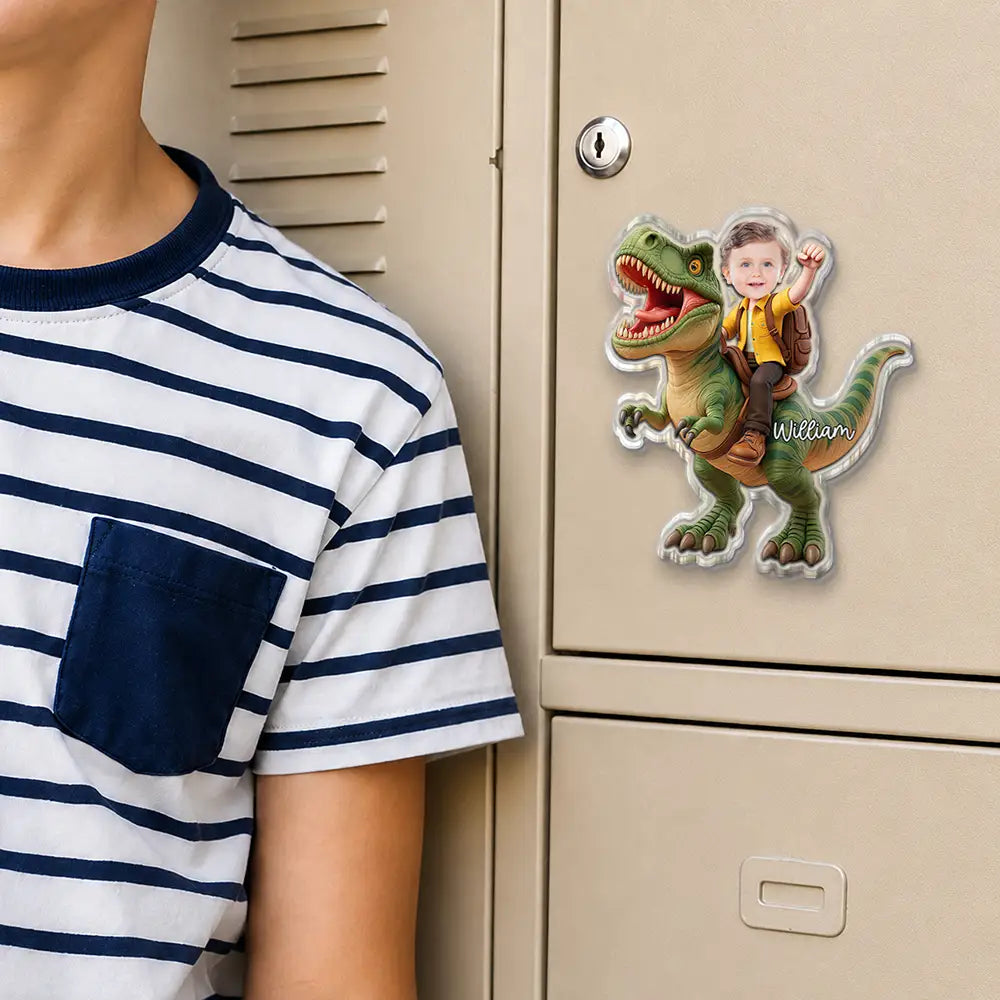 Adorable,Back To School,Custom Photo,Gift For Kids,Cut-Face Photo - Custom Photo Cute Kid Riding Dinosaur Flamingo Unicorn - Personalized Acrylic Magnet