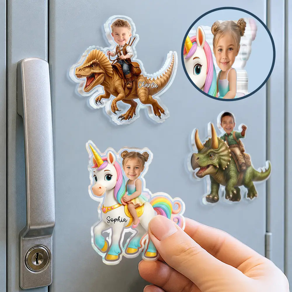 Adorable,Back To School,Custom Photo,Gift For Kids,Cut-Face Photo - Custom Photo Cute Kid Riding Dinosaur Flamingo Unicorn - Personalized Acrylic Magnet