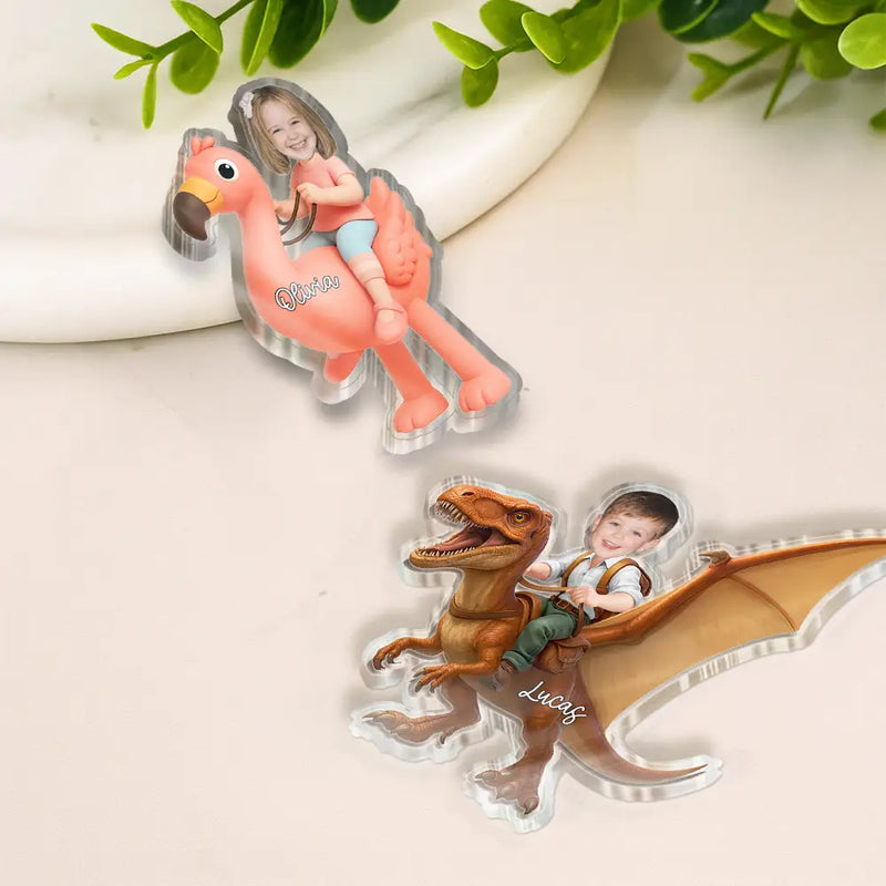 Adorable,Back To School,Custom Photo,Gift For Kids,Cut-Face Photo - Custom Photo Cute Kid Riding Dinosaur Flamingo Unicorn - Personalized Acrylic Magnet